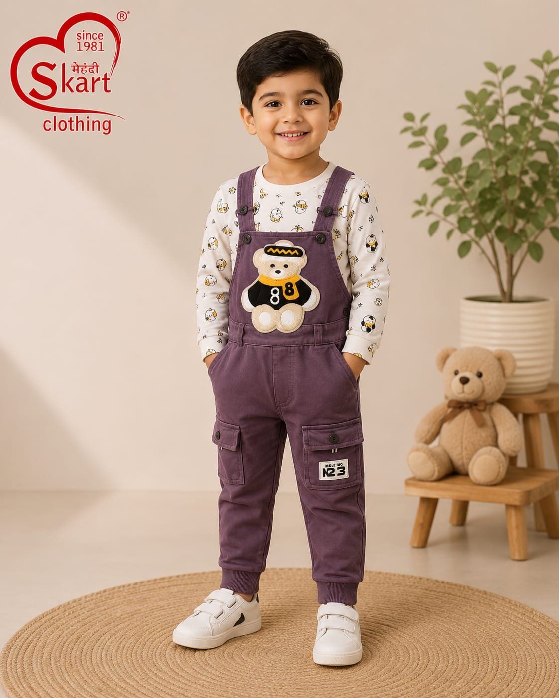 Boys’ Purple Bear Print Dungaree & Full-Sleeve T-Shirt Set