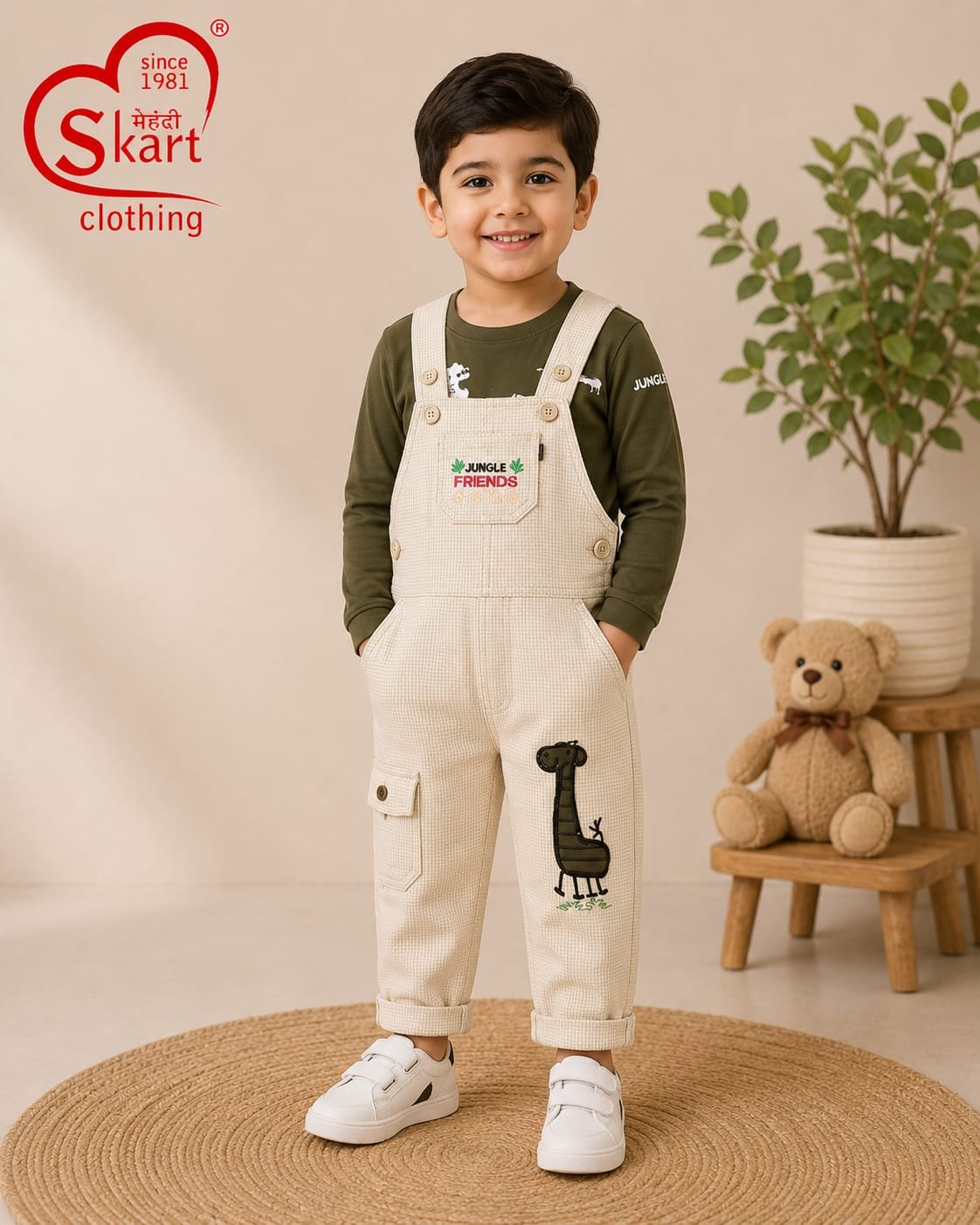 Boys’ Beige Gingham Dungaree with Jungle Print Full-Sleeve T-Shirt Set