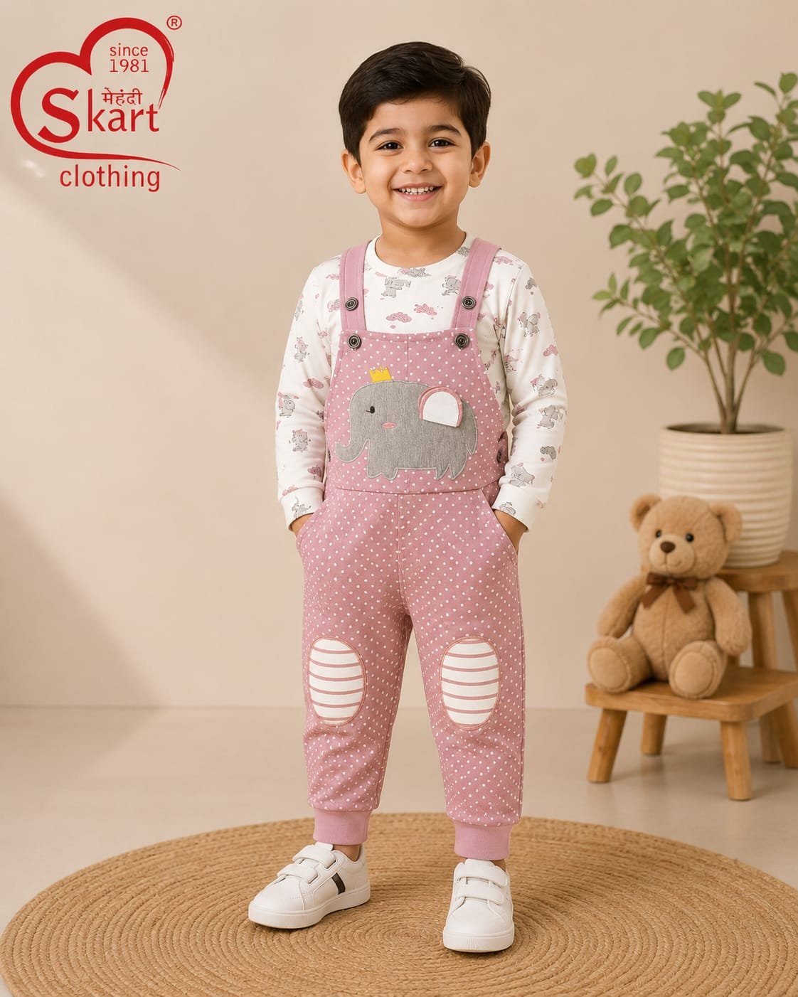Boys Pink Elephant Print Dungaree Set for Kids