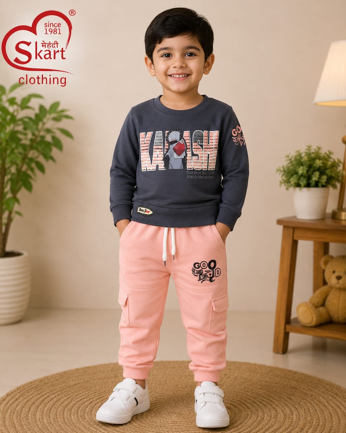 Boys Charcoal Grey Printed Sweatshirt with Pink Cargo Jogger Set