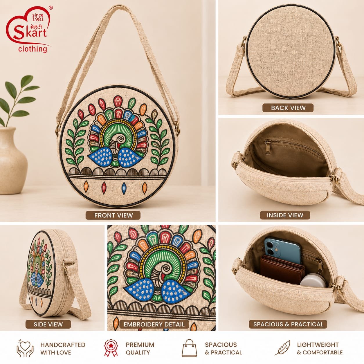 Handcrafted Peacock Embroidered Round Sling Bag for Women & Girls