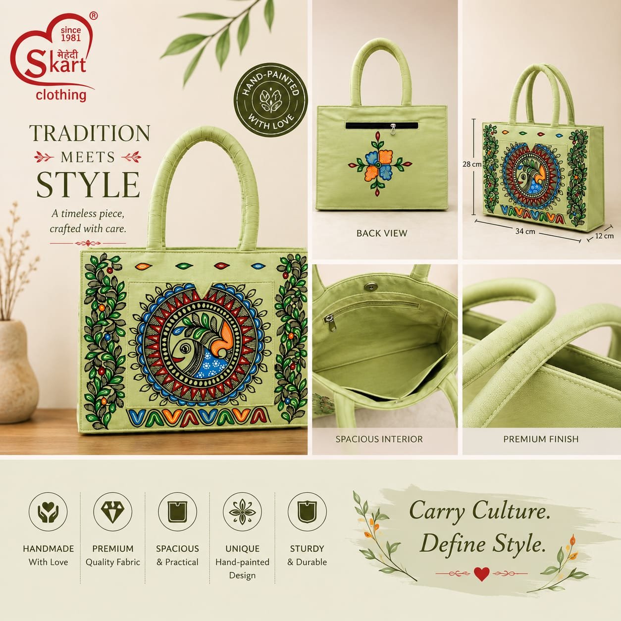 Hand-Painted Traditional Tote Bag with Folk Art Design for Women