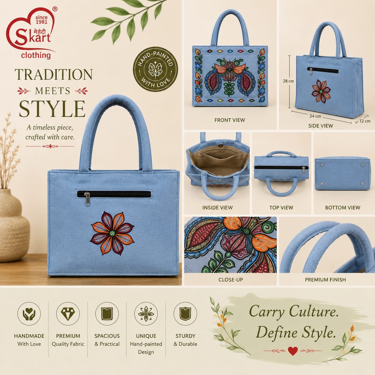 Hand-Painted Floral Tote Bag for Women – Traditional Folk Art Design
