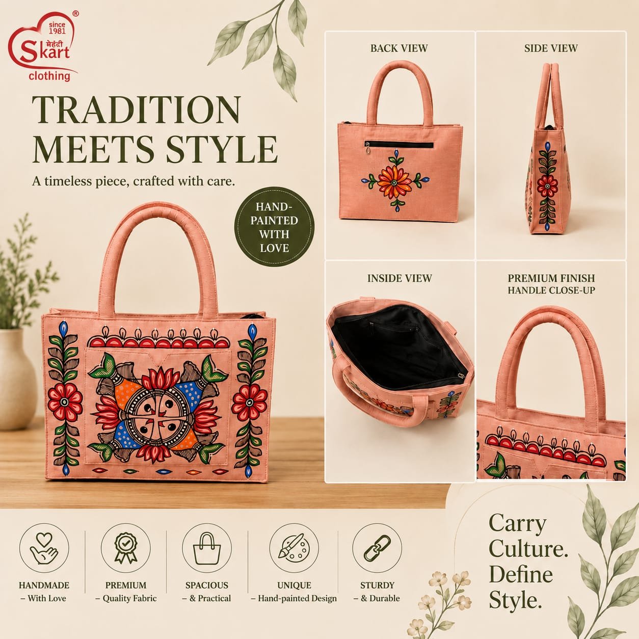 Hand-Painted Traditional Embroidered Tote Bag for Women – Premium Fabric Ethnic Handbag