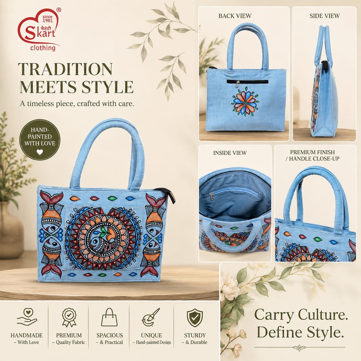 Hand-Painted Traditional Tote Bag for Women – Artistic Ethnic Design & Premium Fabric
