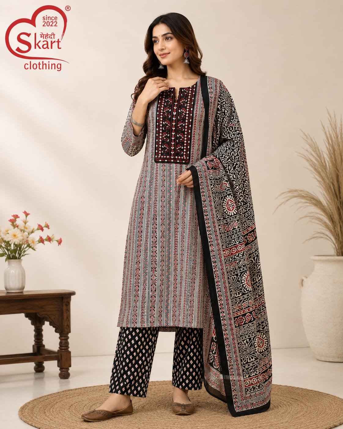 Elegant Black & Maroon Printed Cotton Suit Set with Dupatta