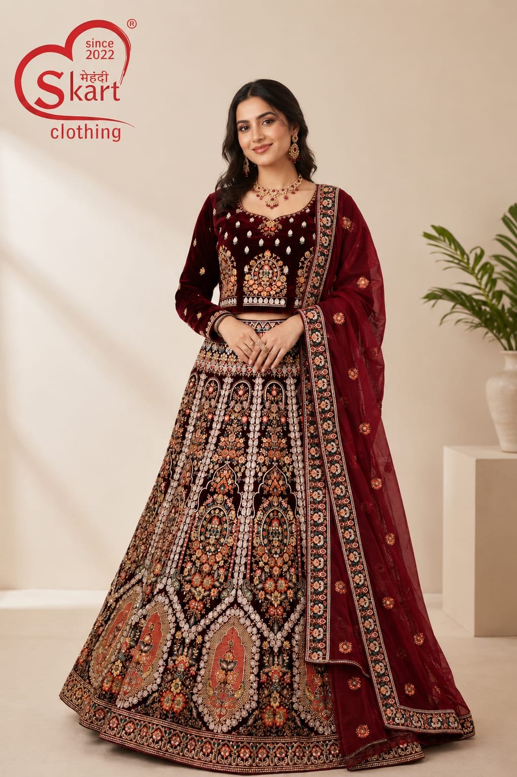 Maroon Printed Anarkali Lehenga Set with Dupatta