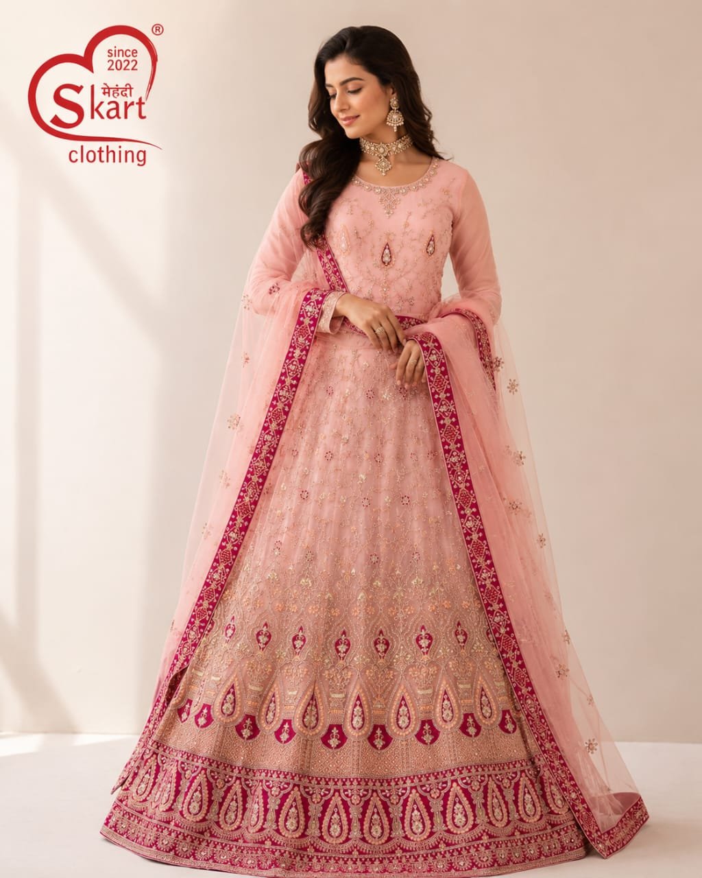 Peach Pink Embroidered Anarkali Suit with Designer Dupatta