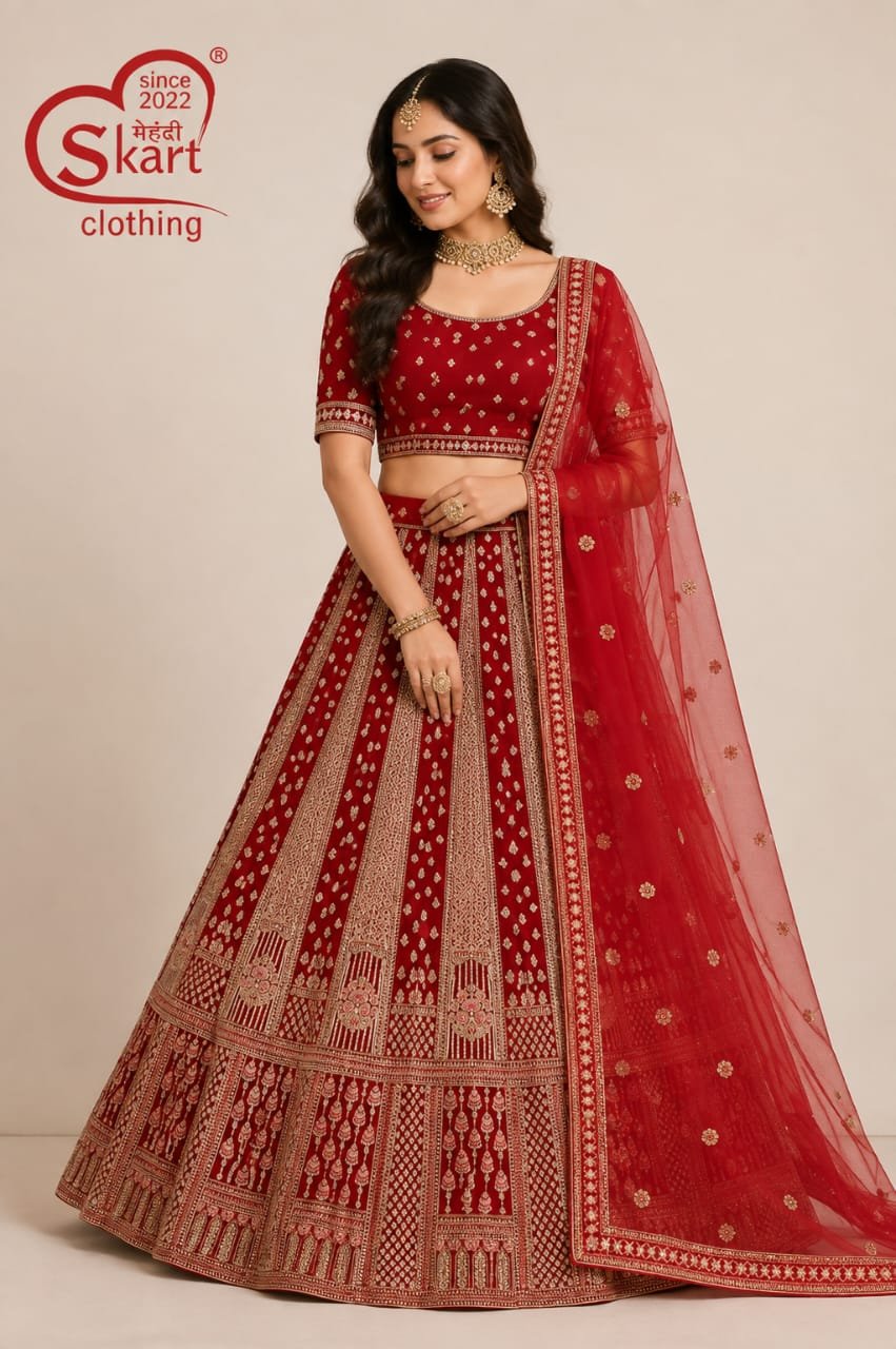 Red Embroidered Lehenga Choli with Sheer Dupatta