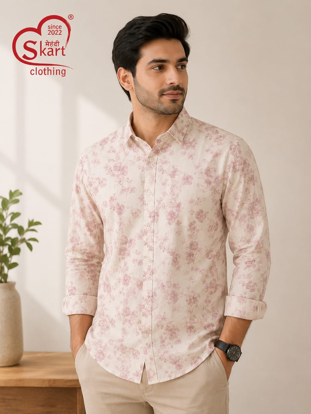 Rare Rabbit Men Light Pink Floral Printed Full Sleeve Casual Shirt