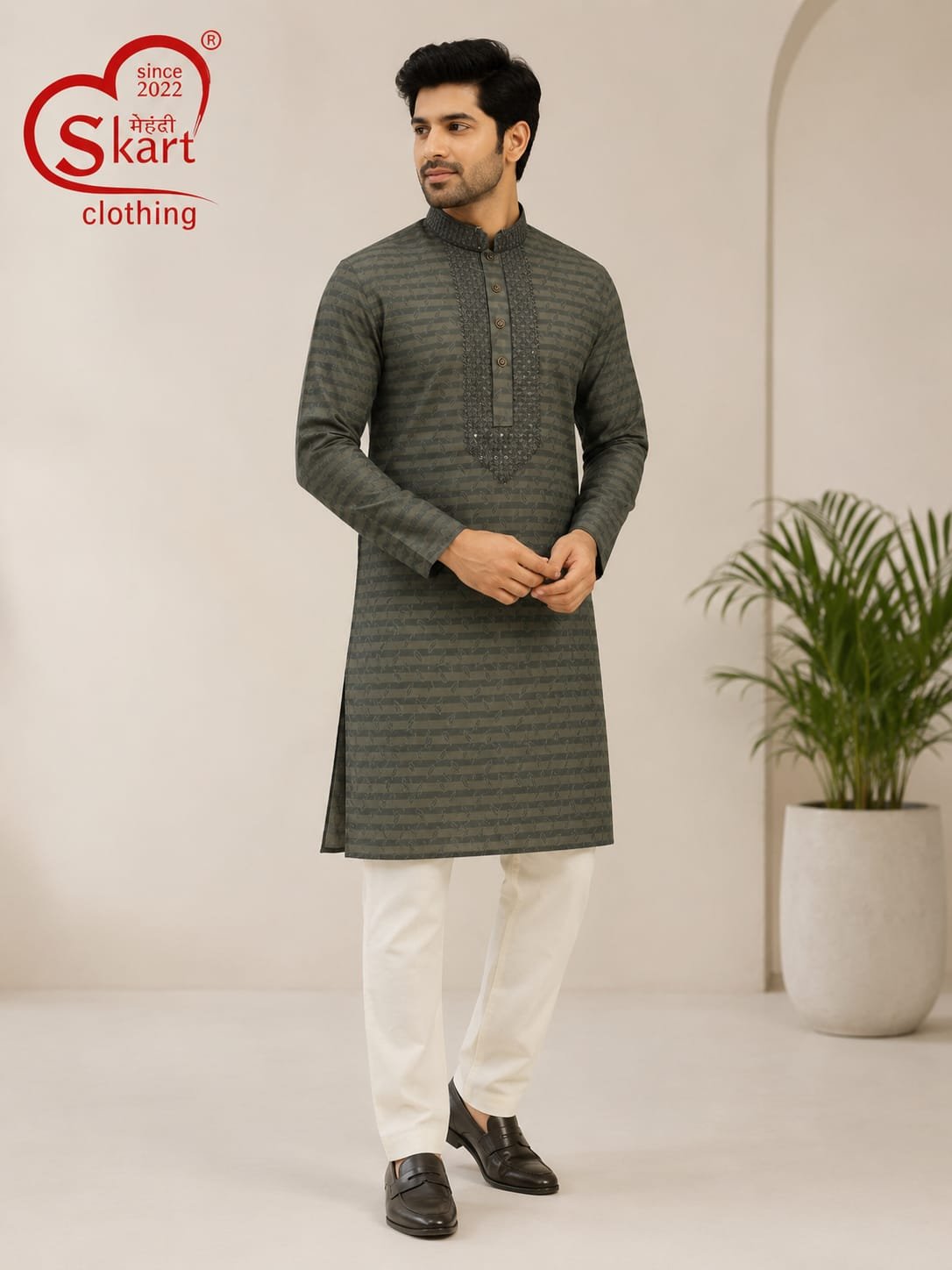 Men's Olive Green Striped Embroidered Kurta with White Pajama