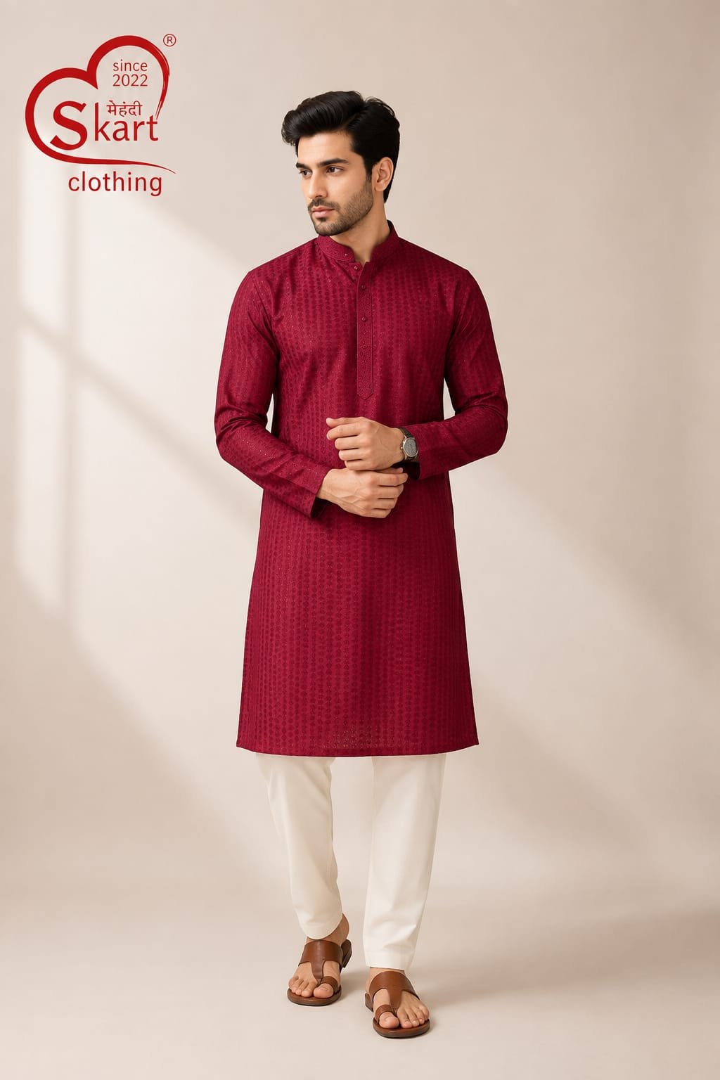 Men's Maroon Textured Ethnic Kurta with White Pajama