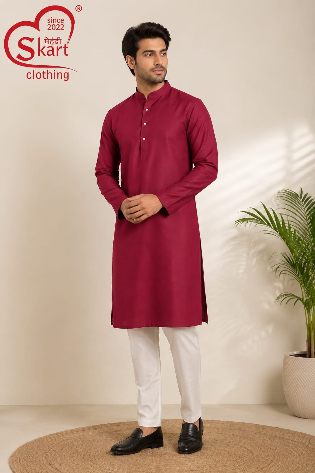 Men’s Solid Maroon Full Sleeve Kurta with White Pajama