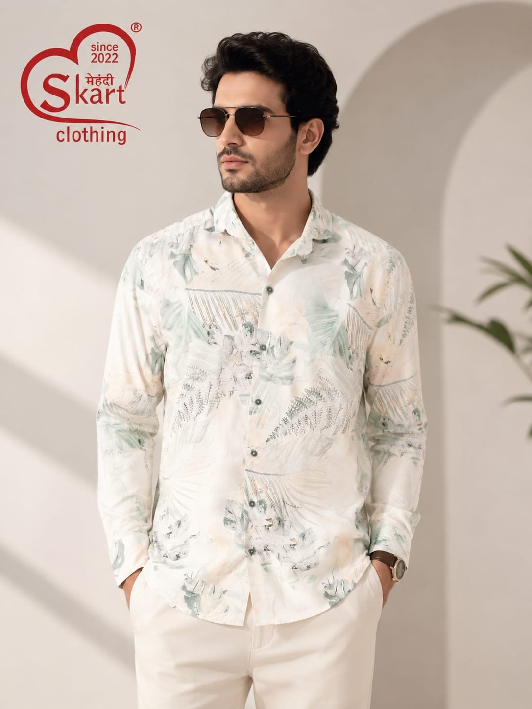 Rare Rabbit Men White Floral Printed Full-Sleeve Casual Shirt
