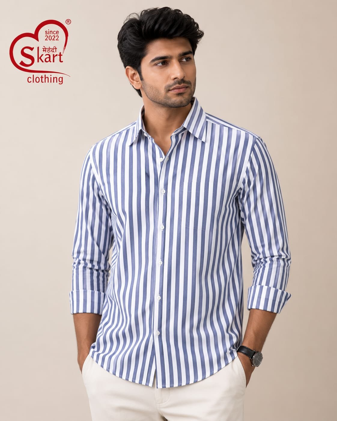 Men's Blue & White Vertical Striped Casual Shirt