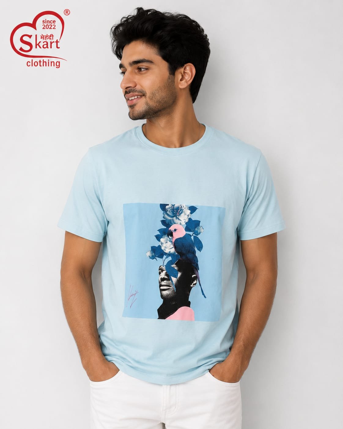 Rare Rabbit Sky Blue Artistic Graphic Print T-Shirt