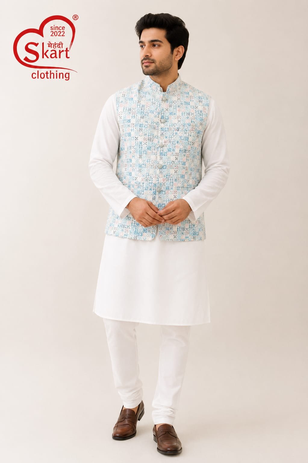 Men’s Blue Printed Nehru Jacket