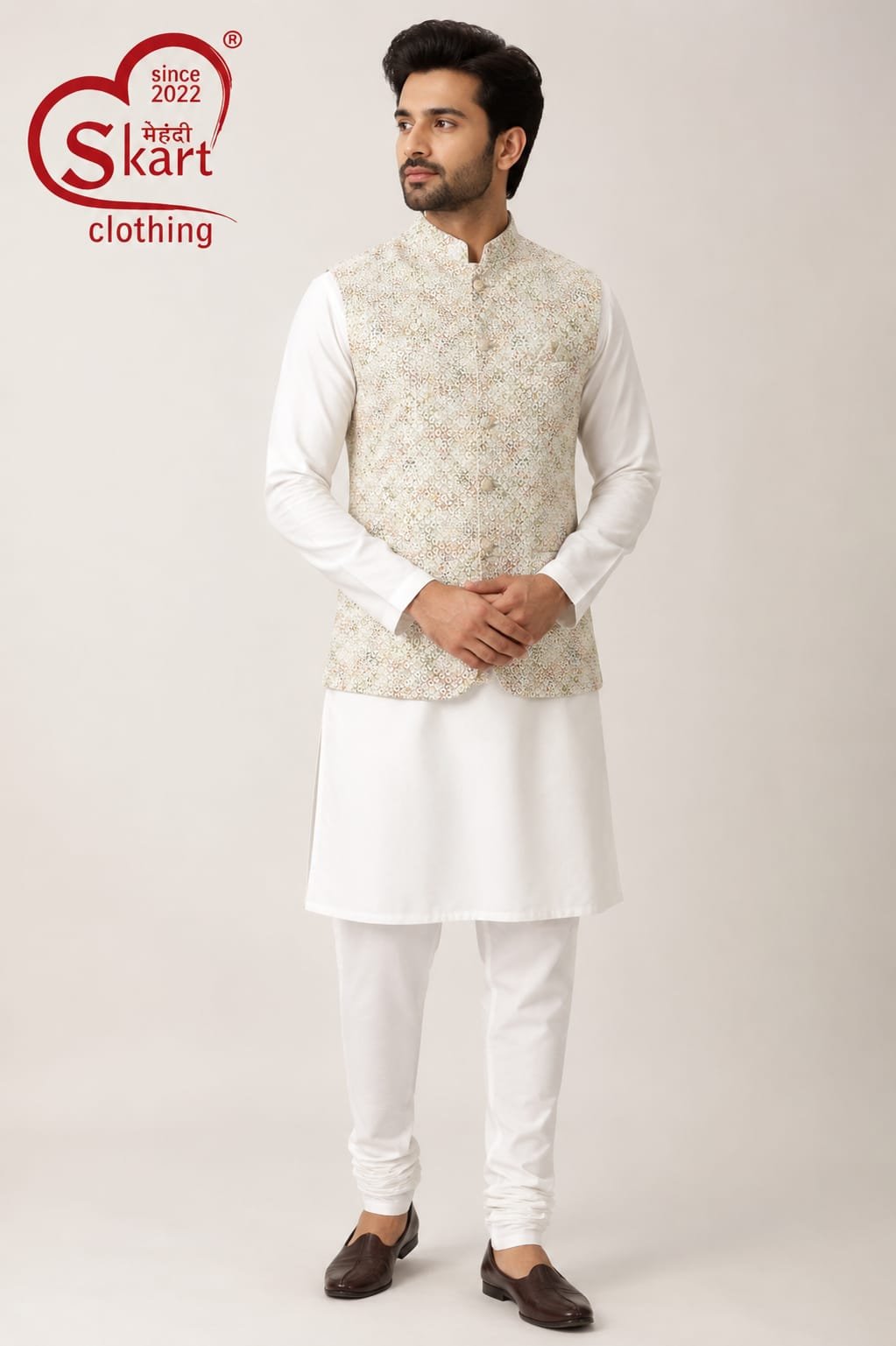 Men’s Beige Printed Nehru Jacket