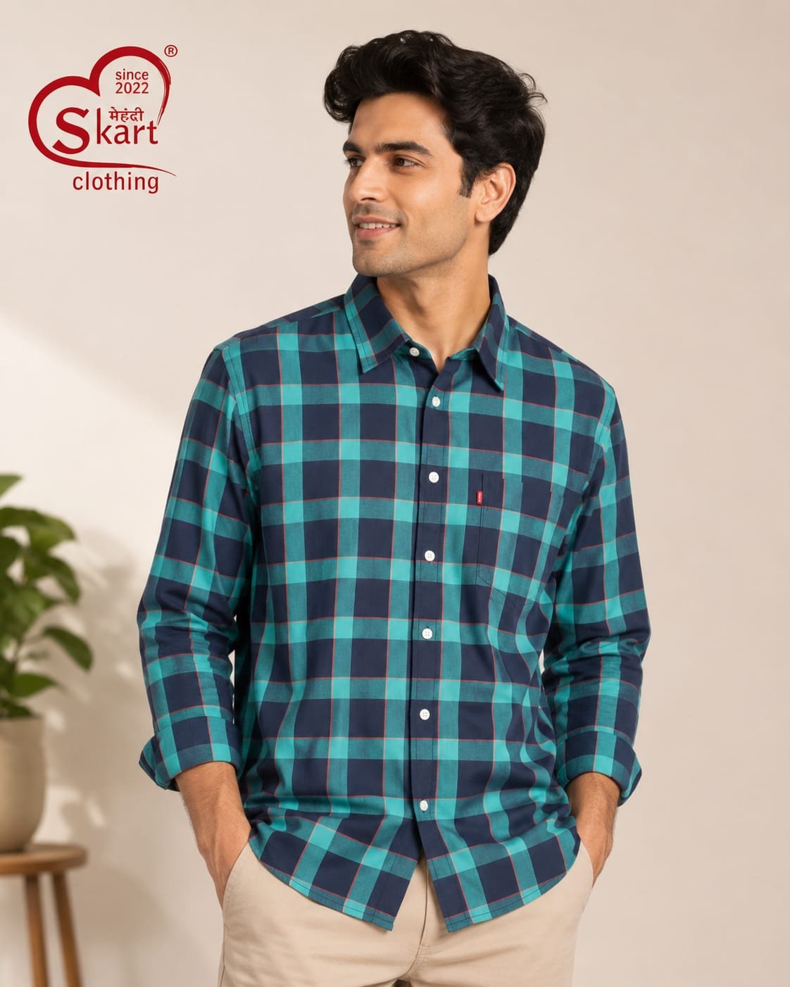 Levi's Men Teal & Navy Checked Full Sleeve Shirt