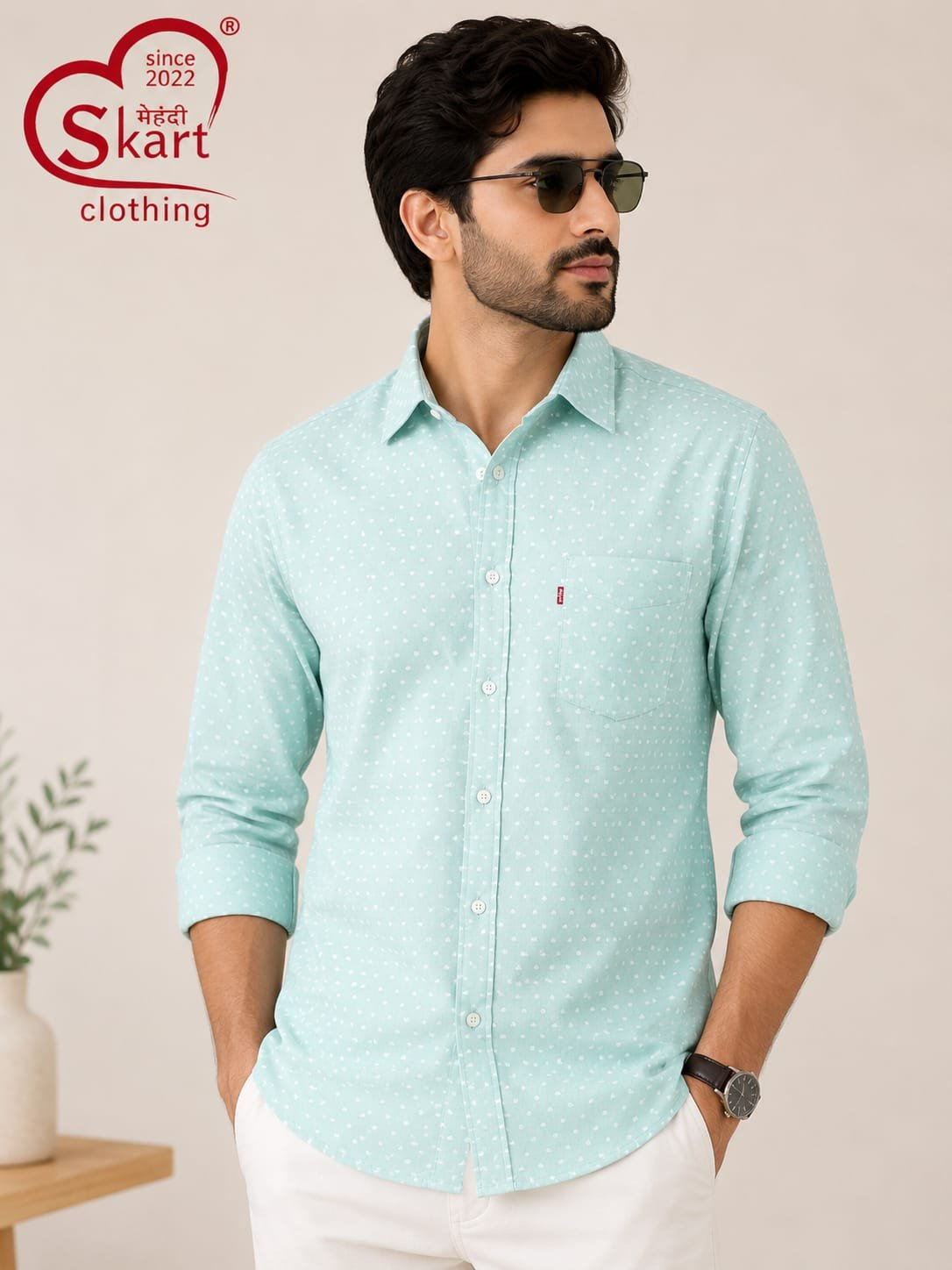 Levi's Men Mint Green Printed Full Sleeve Shirt