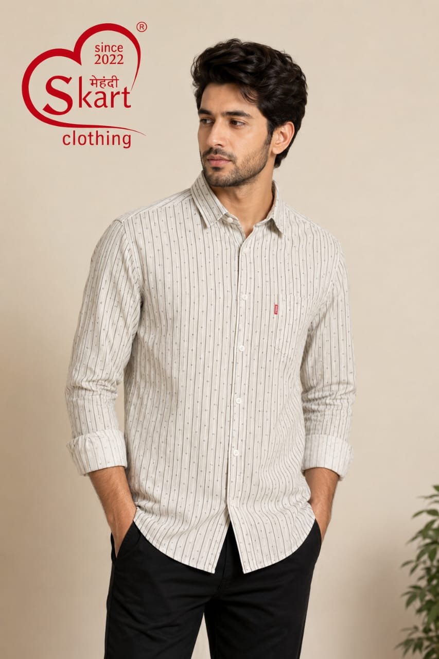 Men's White & Grey Striped Full Sleeve Casual Shirt