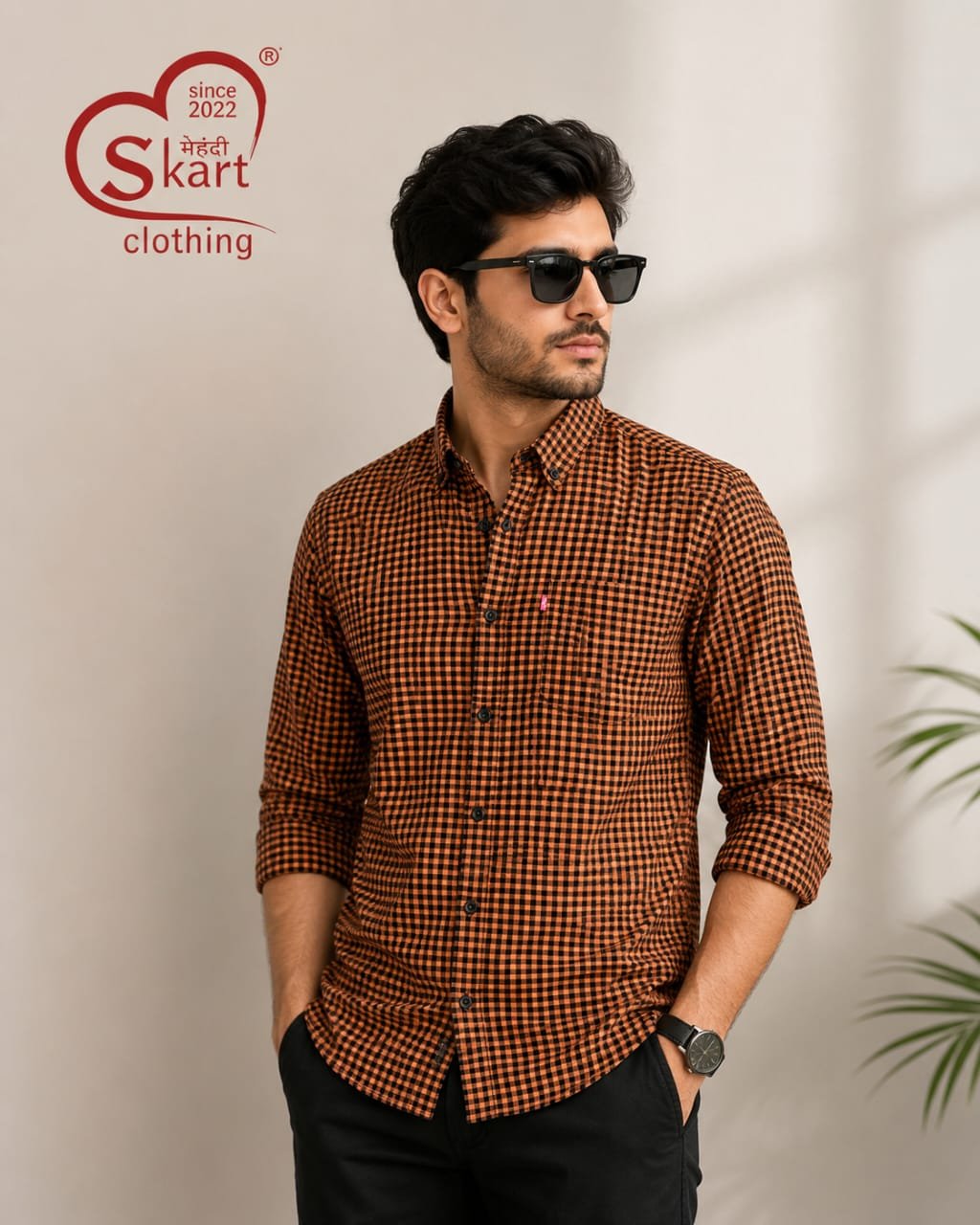 Men’s Orange & Black Checkered Casual Shirt