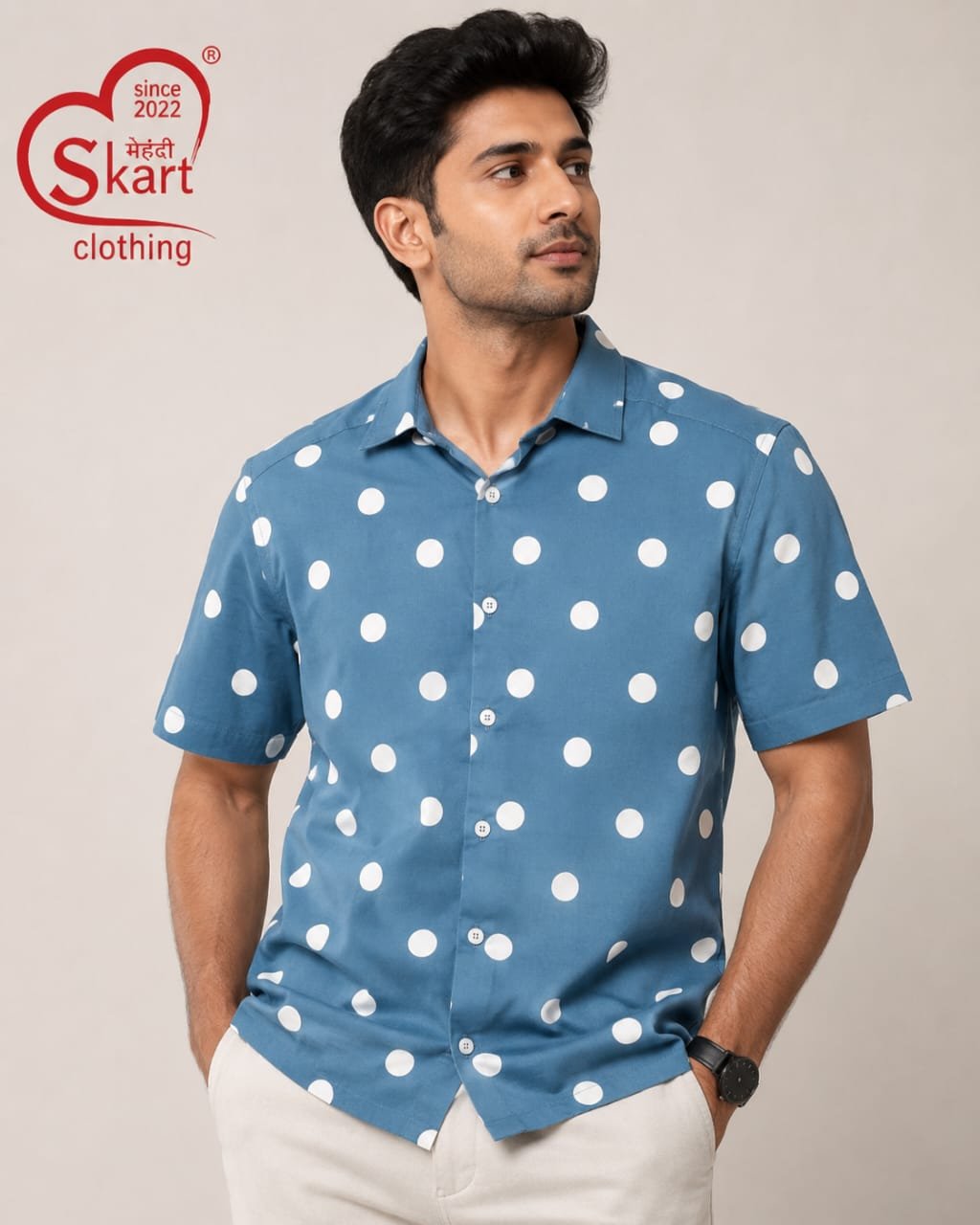 Sky Blue Polka Dot Half Sleeve Shirt for Men