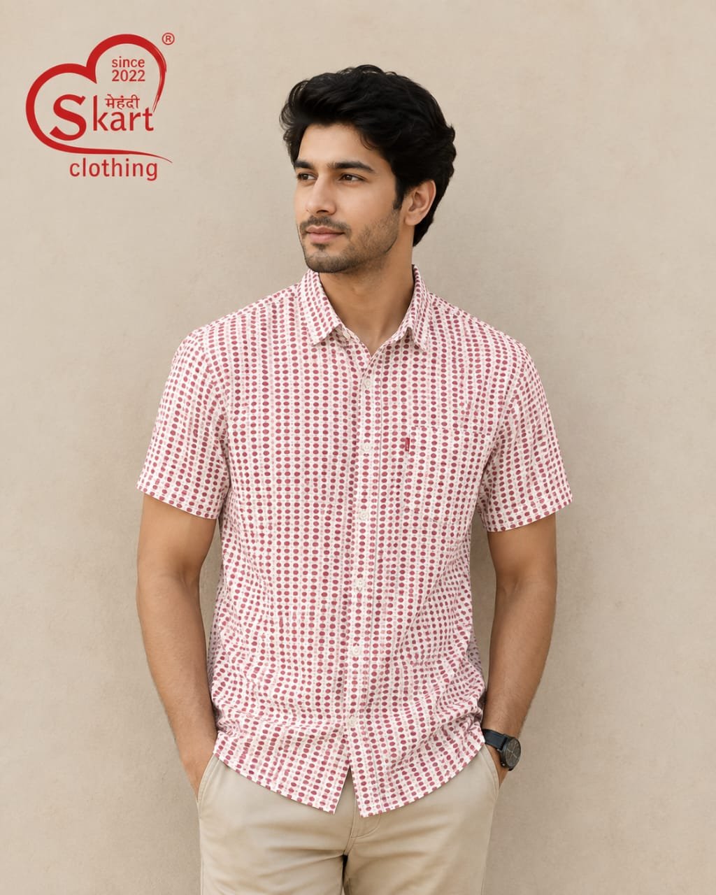 White & Red Printed Half Sleeve Shirt for Men