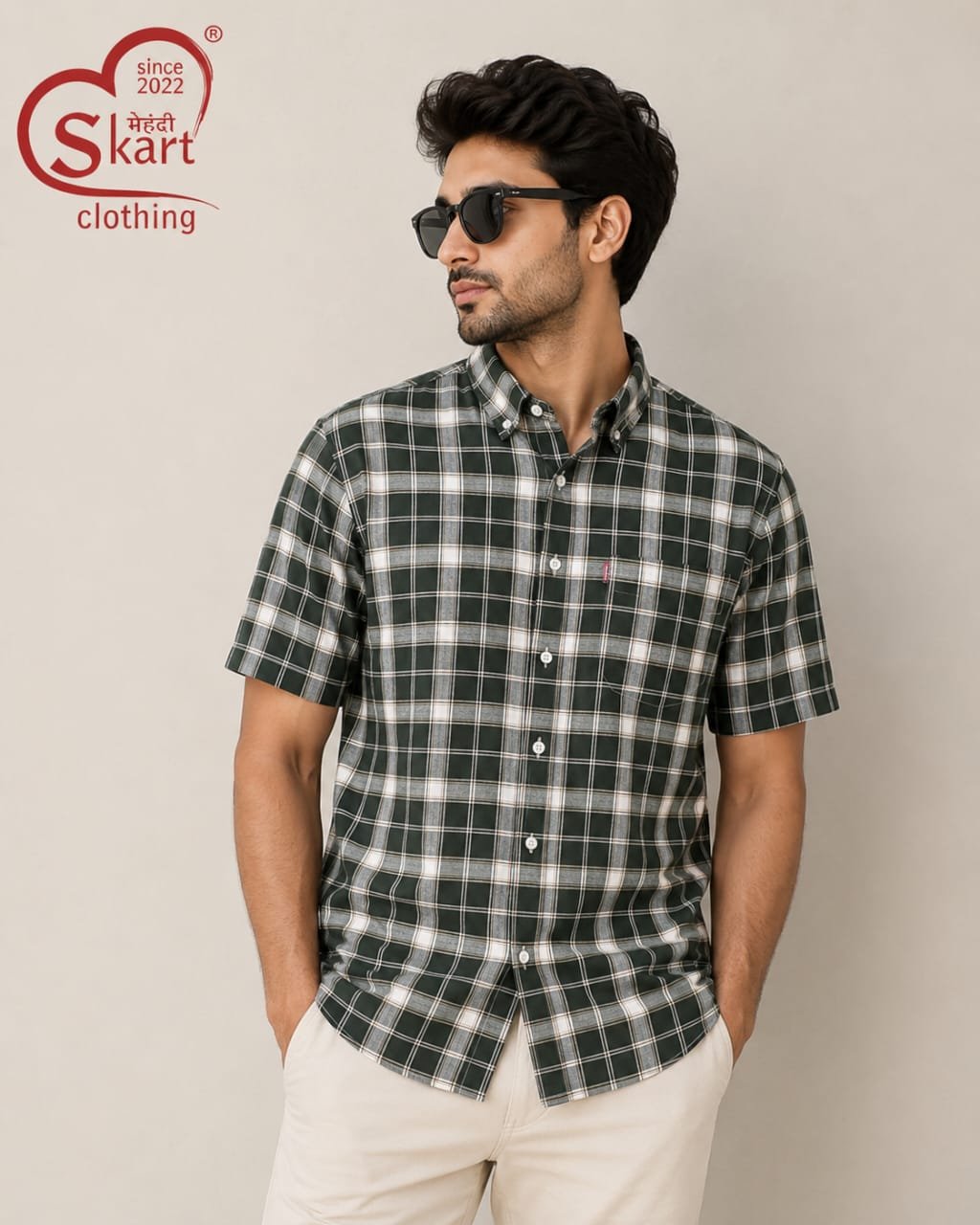 Levis Dark Green & White Checked Half Sleeve Shirt for Men