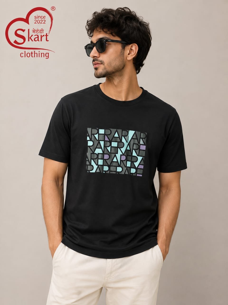 Black Printed Round Neck Half Sleeve T-Shirt for Men