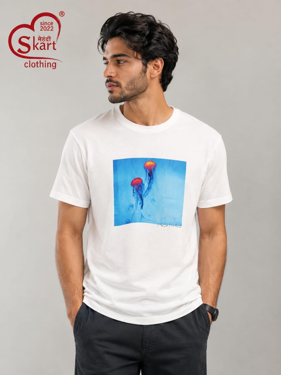 White Graphic Printed Round Neck T-Shirt for Men