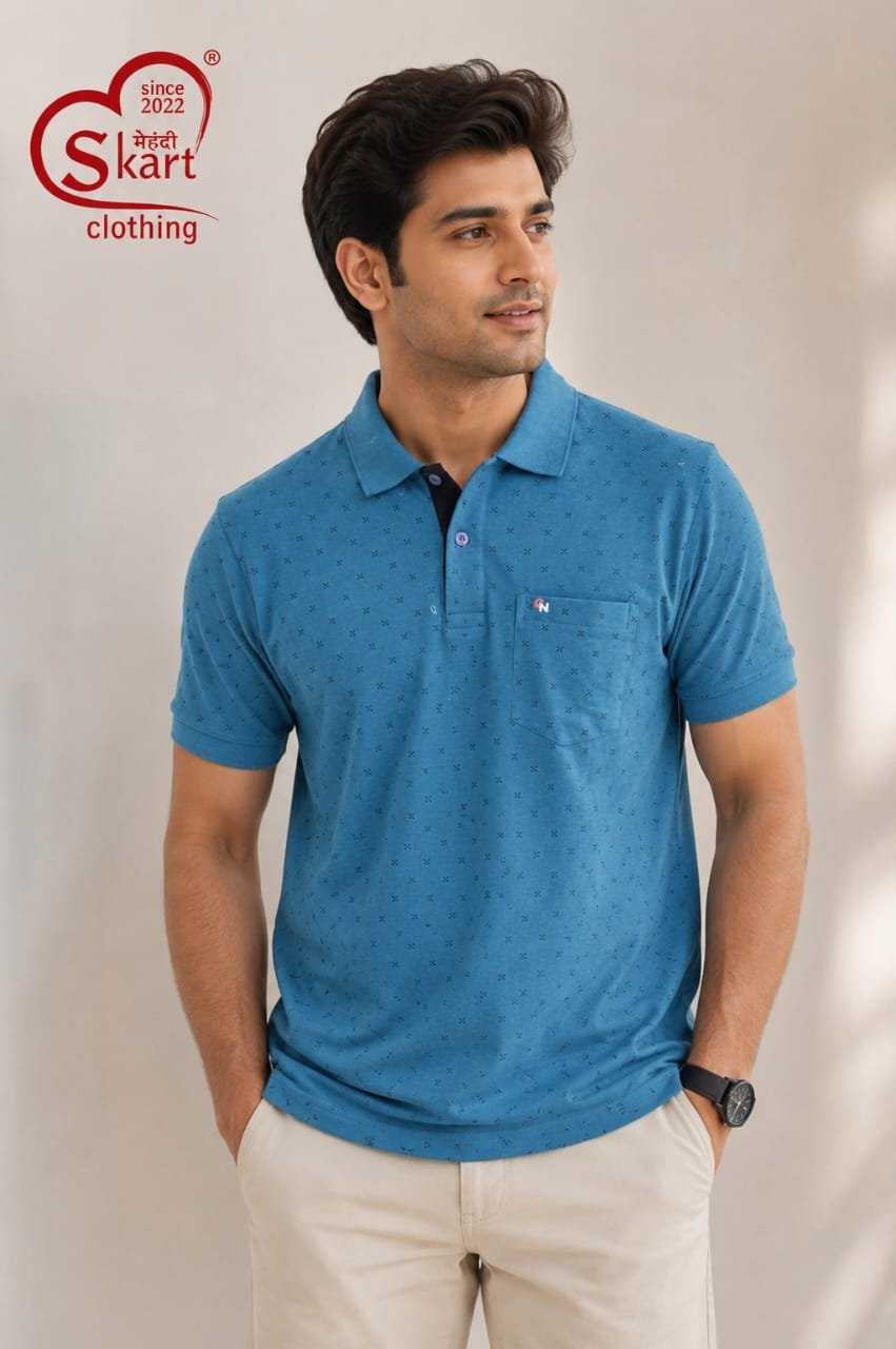 Sky Blue Printed Polo T-Shirt for Men