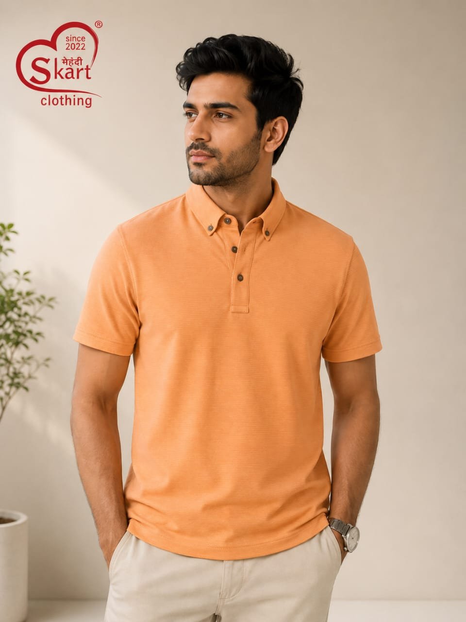 Peach Orange Solid Polo T-Shirt for Men