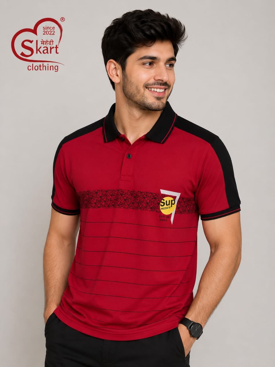 Red & Black Striped Polo T-Shirt for Men
