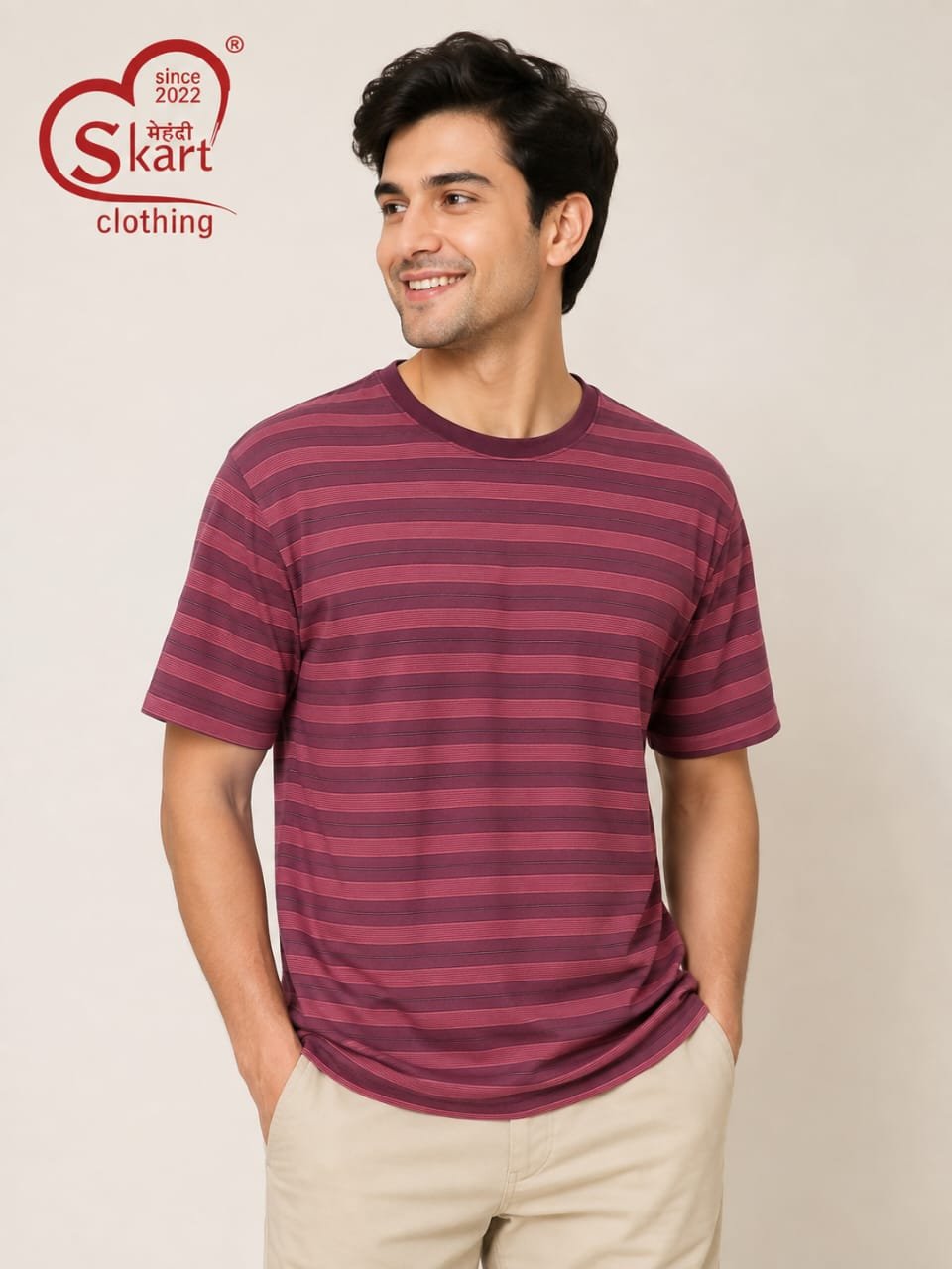 Maroon & Pink Striped Round Neck T-Shirt for Men