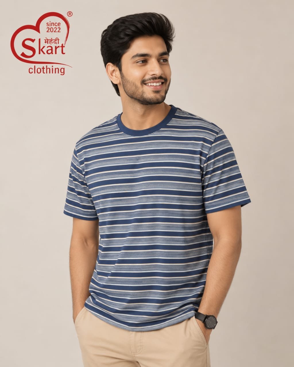 Navy Blue & White Striped Round Neck T-Shirt for Men