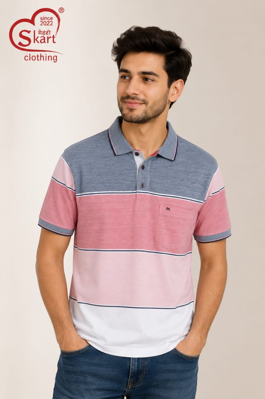 Pink & Grey Color Block Polo T-Shirt for Men