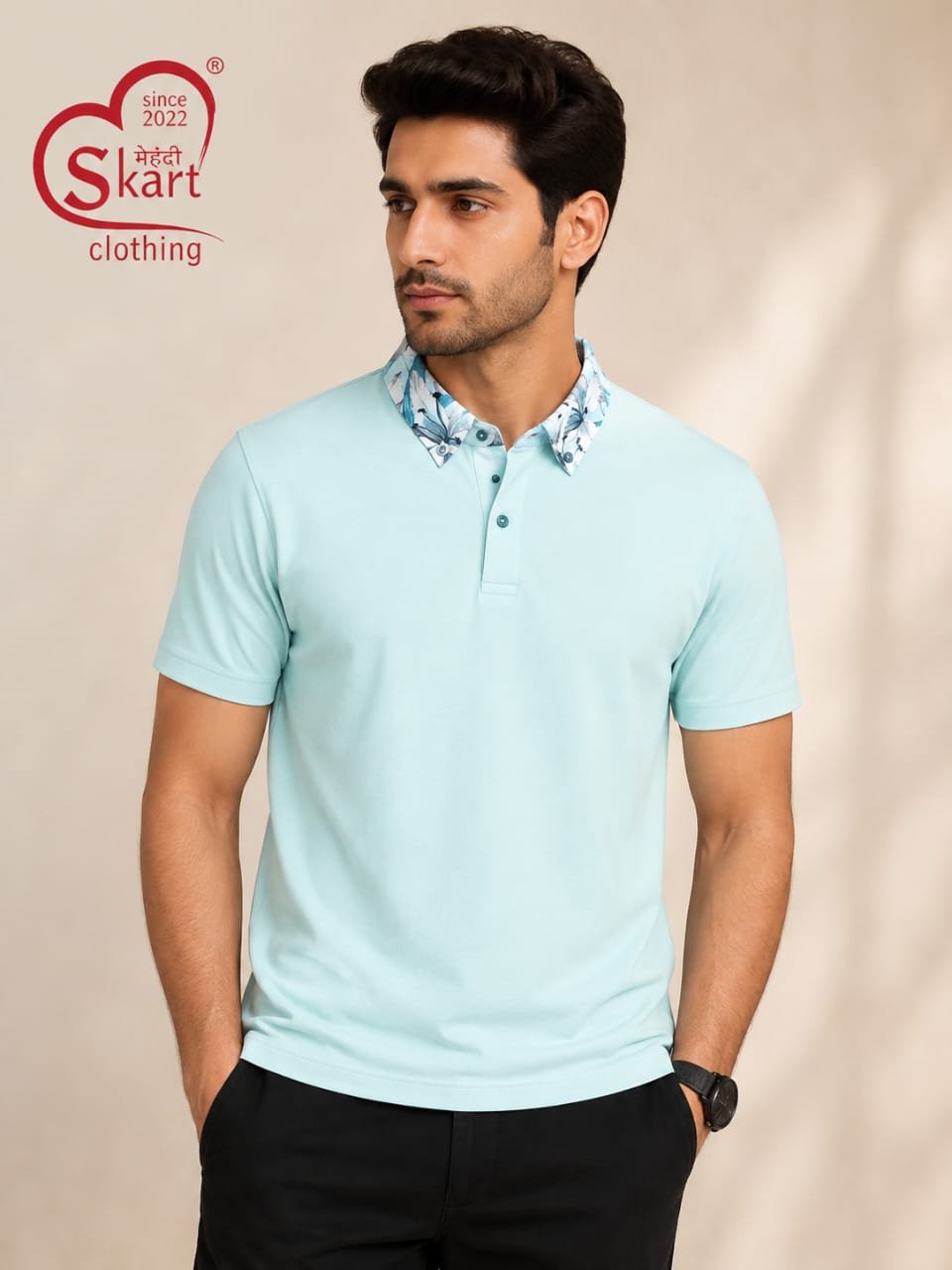 Mint Green Printed Collar Polo T-Shirt for Men
