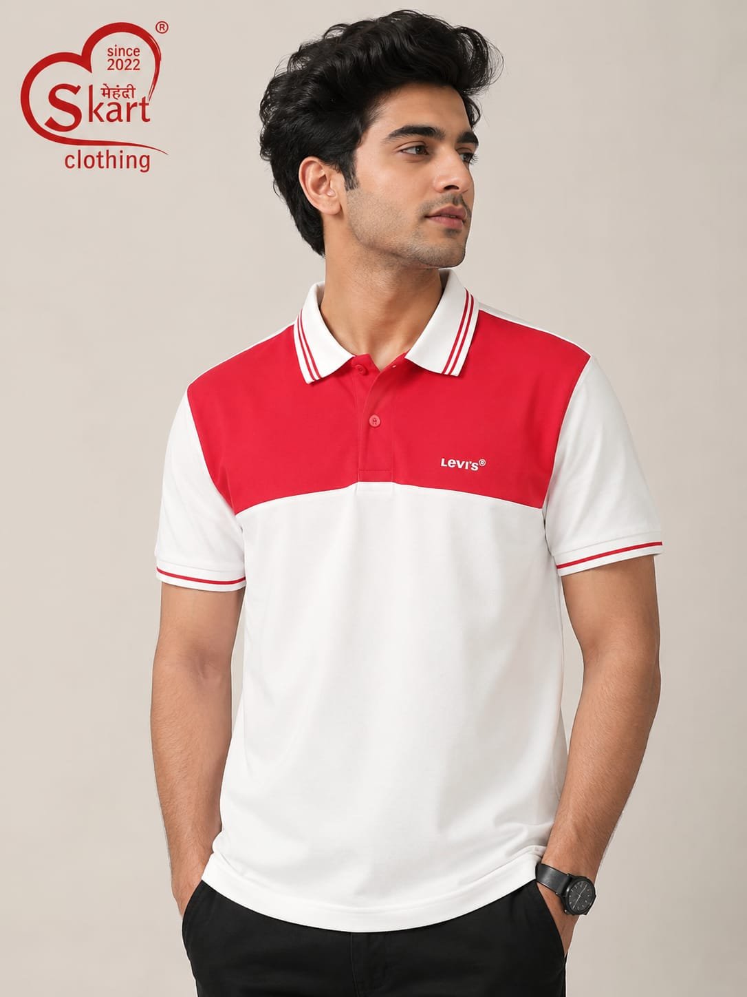 Red & White Color Block Polo T-Shirt for Men