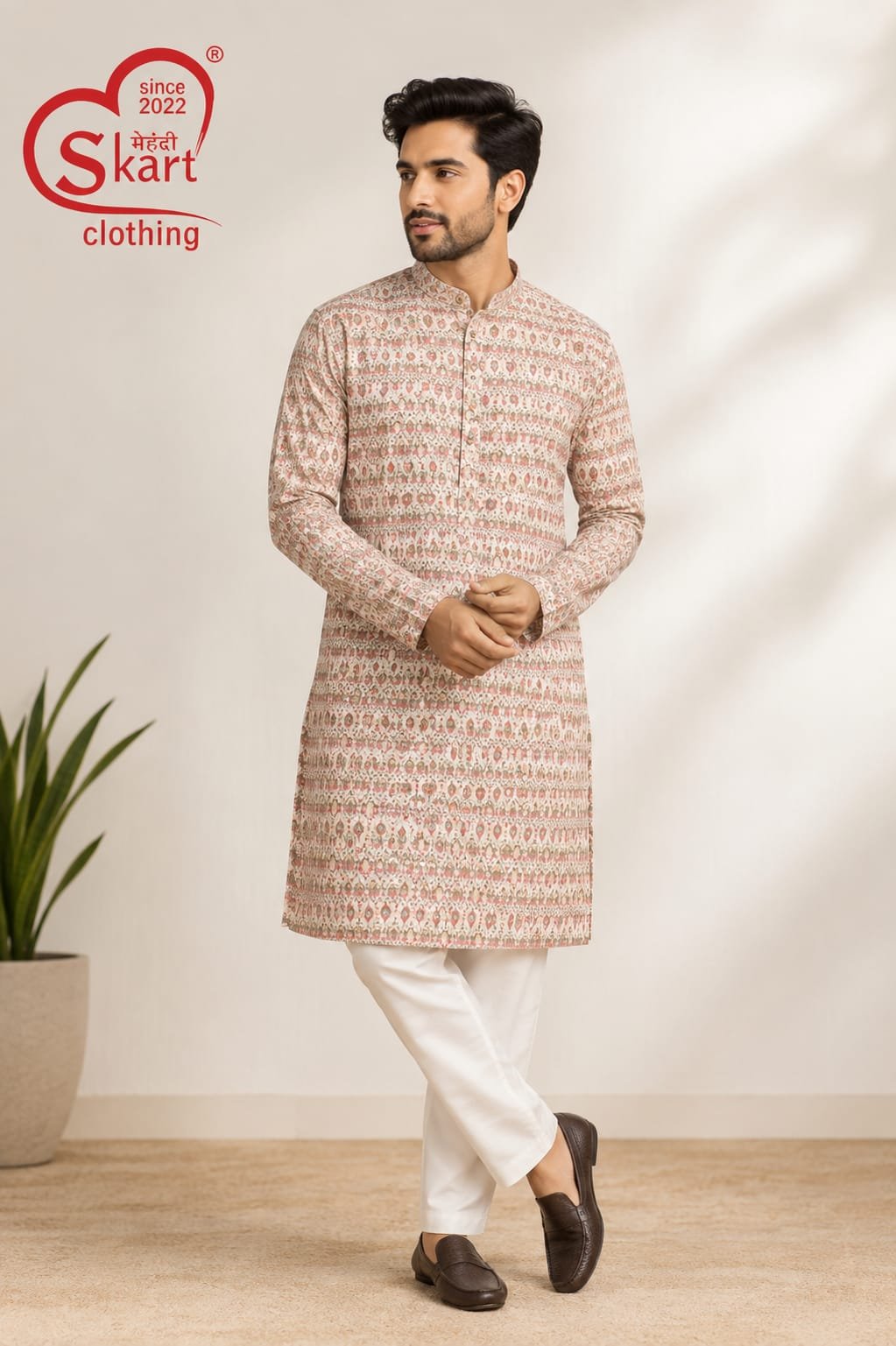 Men's Printed Straight Kurta – Beige & Peach