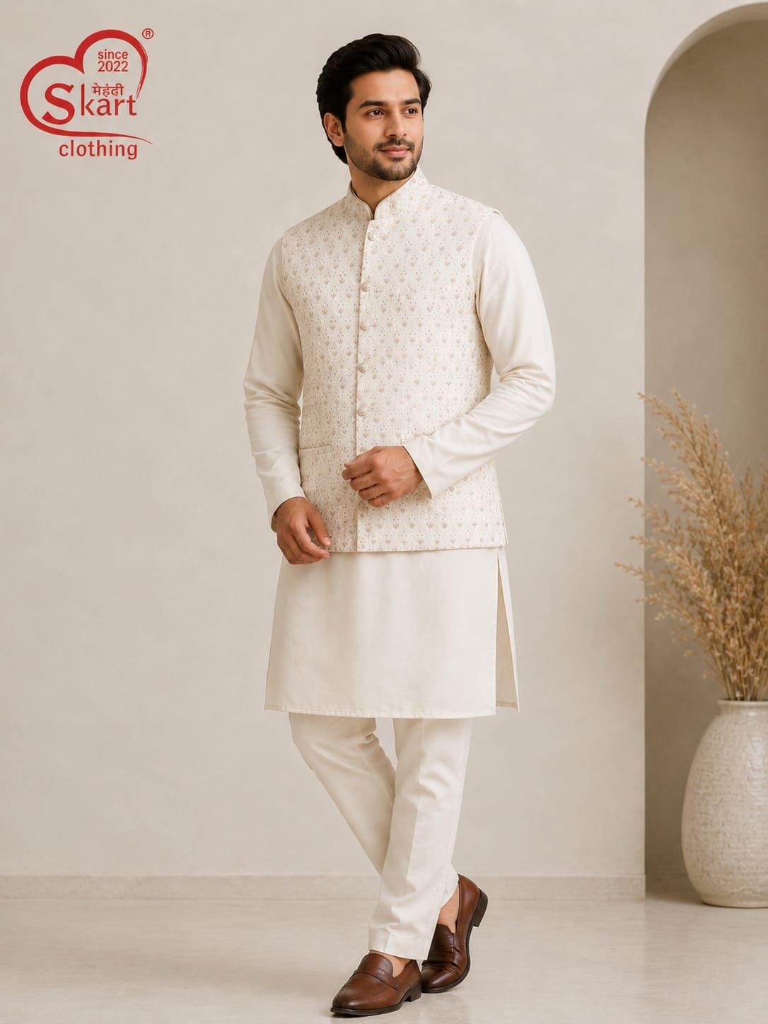 Men's Cream Embroidered Nehru Jacket with Kurta Pajama Set