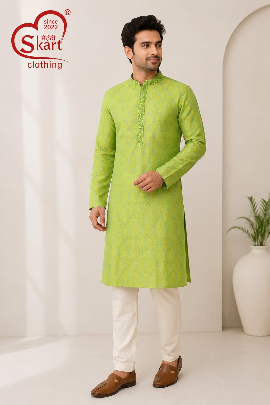 Men's Lime Green Printed Kurta – Stylish Full Sleeve Ethnic Wear