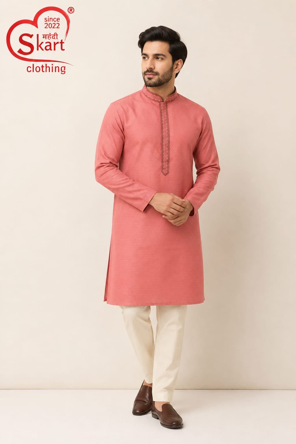 Men's Peach Pink Kurta – Elegant Full Sleeve Festive Wear
