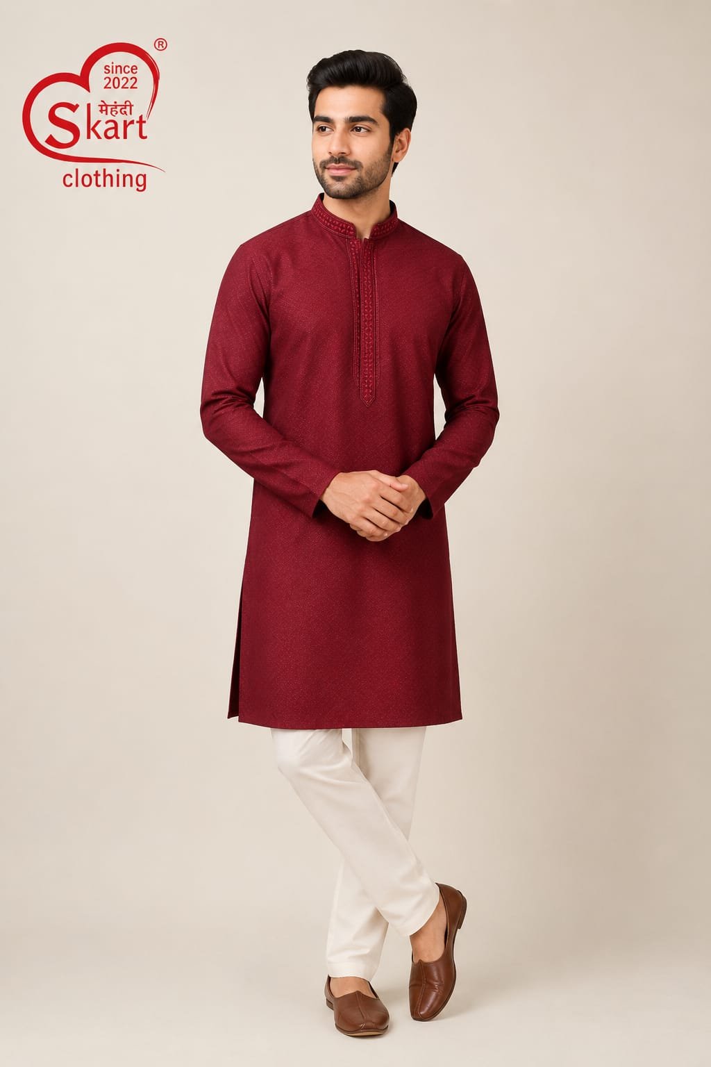 Men’s Maroon Embroidered Kurta – Elegant Full Sleeve Ethnic Wear