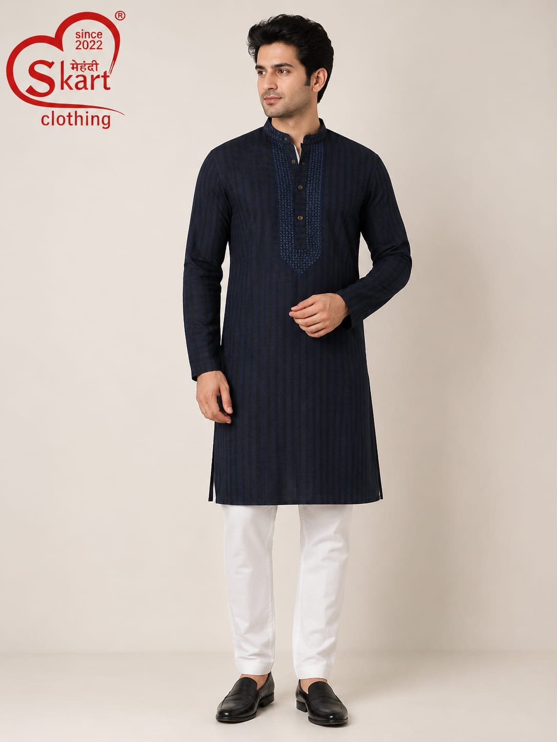 Men’s Black Striped Embroidered Kurta – Stylish Full Sleeve Ethnic Wear