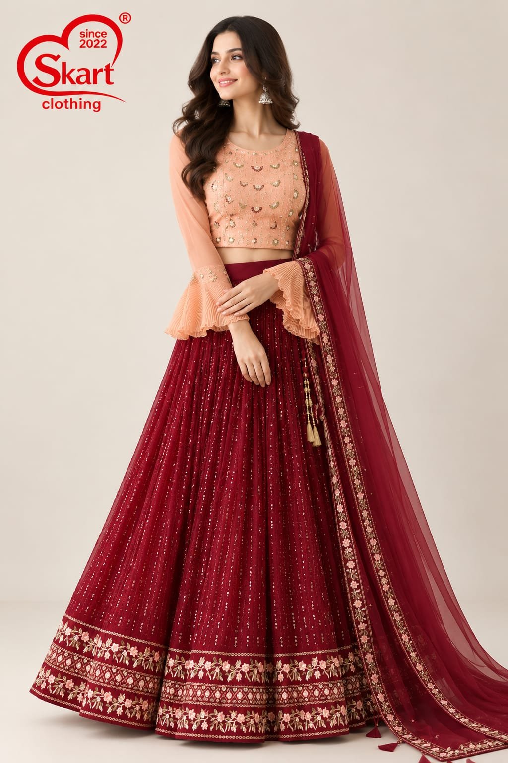 Women's Maroon Embroidered Crop Top Lehenga Set with Designer Dupatta – Premium Festive & Wedding Wear
